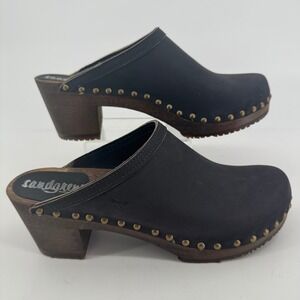 Sandgrens Swedish Wooden Clogs Navy Blue Leather Studded Mule Heel Womens 41